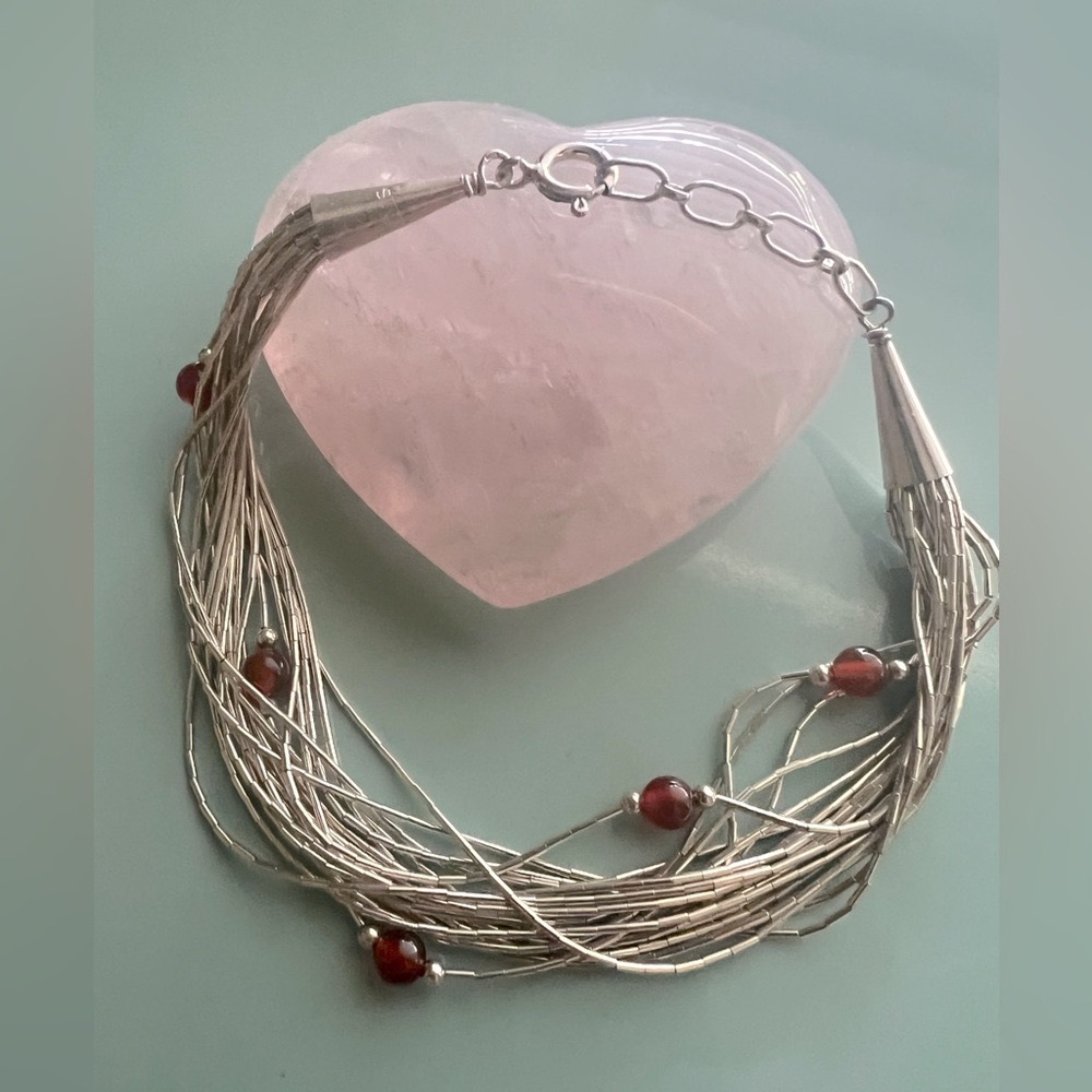 Rare 925 Sterling Multi-Strand Liquid Silver Carnelian  Stone Southwest Bracelet
